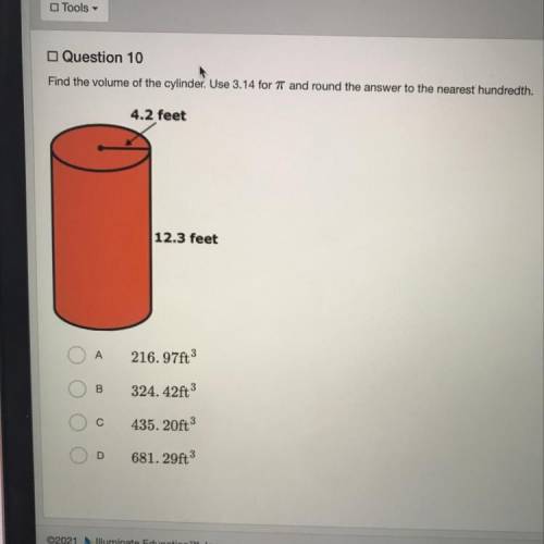 Find the volume of the cylinder. Use 3.14 for pie and round the answer to the nearest hundredth.