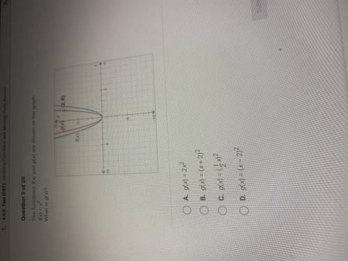 The functions f(x) and g(x) are shown own the graph. f(x) = x^2

what is g(x) ?
sorry if the pictu