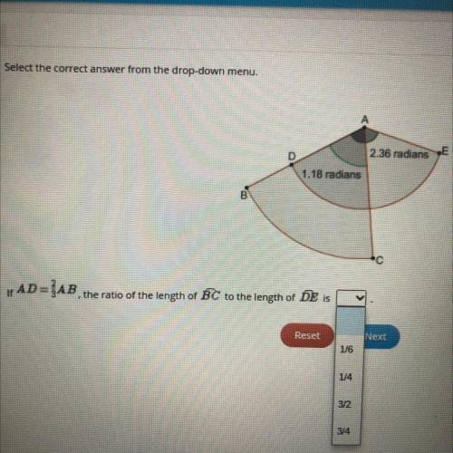 Select the correct answer from the drop-down menu.

2.36 radians
E
1.18 radians
*C
If AD=LAB, the
