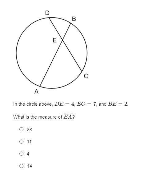 (Refer to Picture) In the circle above, DE=4, EC=7, and BE=2.
What is the measure of EA?