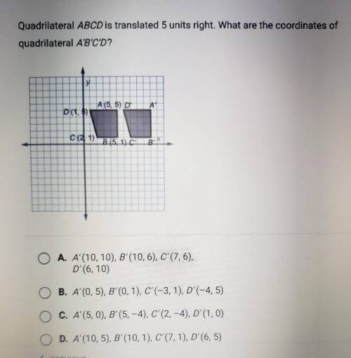 Quadrilateral ABCD is translated 5 units right. What are the coordinates of quadrilateral