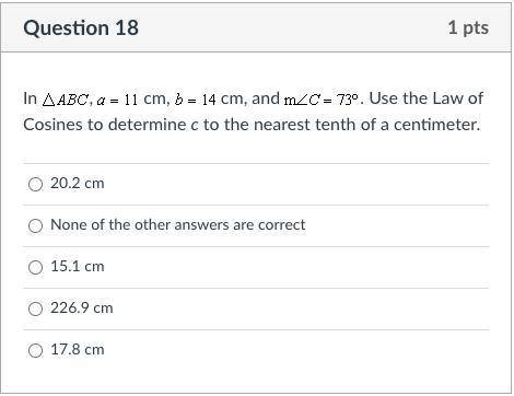 Use the Law of Cosines to determine c to the nearest tenth of a centimeter.