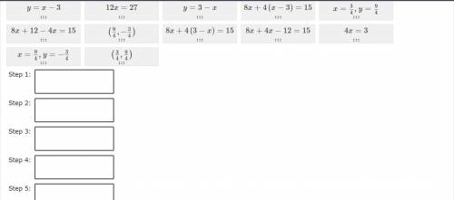 Place the correct tiles in the appropriate order to solve the system of equations using the method
