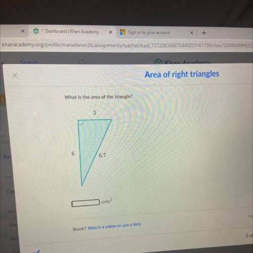But triangles

What is the area of the triangle?
3
20-
CLA
As
6
6.7
MY
Col
units
MY