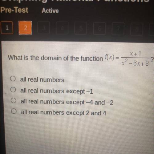 What is the domain of the function f(x)=x+1/x^2-6x+8?

A. All real numbers
B. All real numbers exc