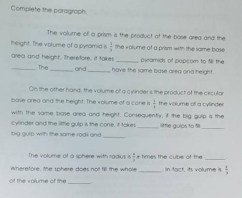 Complete the paragraph. the volume of prism is the product of the base area and height. therefore,