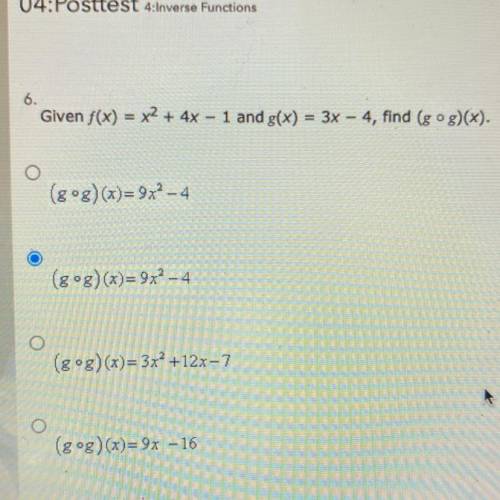 Given f(x) = x^2 + 4x – 1 and g(x) = 3x – 4, find (g og)(x).