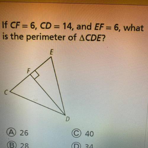 If CF =6, CD = 14, and EF = 6, what is the perimeter of triangle CDE