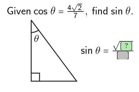 Given cos 0 = 4V2/7, find sin 0.
sin 0 =
V[?]/?