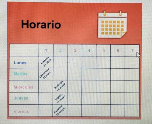 SPANISH 1A: Unit 4 Writing Practice 3

Use the calendar on Slide 26 of the At School Tutorial to a