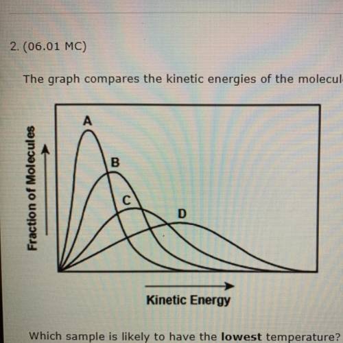 2.(06.01 MC)

The graph compares the kinetic energies of the molecules in four gas samples. Each g
