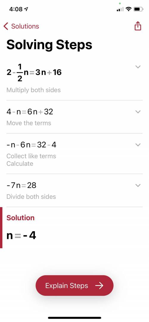 Solve for n.
2-1/2n = 3n+16