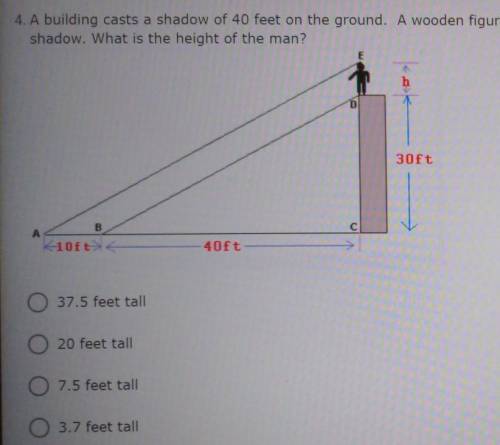 PLEASE HELP!

4. A building casts a shadow of 40 feet on the ground. A wooden figure of a man is p