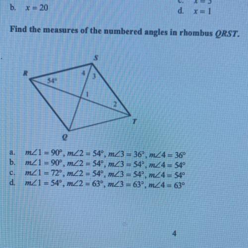 Find the measures of the numbered angels in rhombus QRST