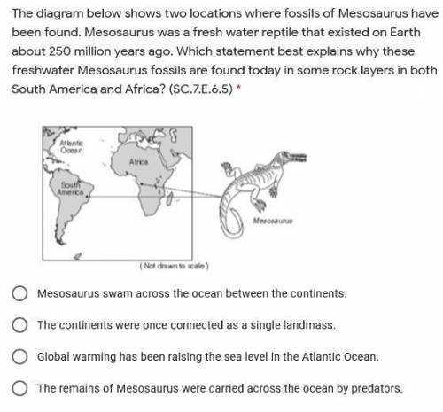The diagram below shows two locations where fossils of Mesosaurus have been found. Mesosaurus was a