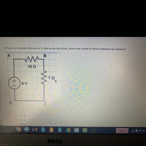 If there is a potential difference of 9 volts across the circuit, what is the current at Point B (b