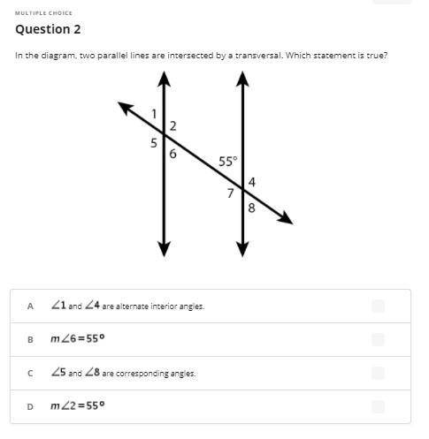 In the diagram, two parallel lines are intersected by a transversal. Which statement is true?