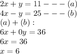 2x + y = 11 -  -  - (a) \\ 4x - y = 25 -  -  - (b) \\ (a) + (b) :  \\ 6x + 0y = 36 \\ 6x = 36 \\ x = 6