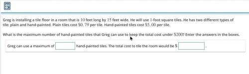 Greg is installing a tile floor in a room that is 10 feet long by 15 feet wide. He will use 1-foot