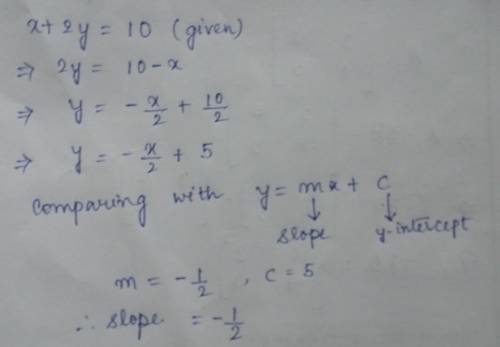 What is the slope of a line parallel to the line whose equation is

x + 2y = 10. Fully simplify you