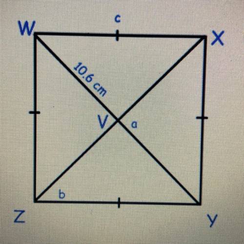 Calculate the value of c in the following square using the information given.

с
W.
Х
10.6 cm
b
Z