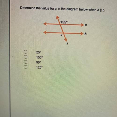 Determine the value for x in the diagram below when a || b.

1550
a
b
х
t
25°
155°
Oo oo
90°
125°