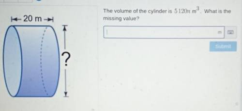 The volume of the cylinder is 51207 m. What is the missing value? K 20​