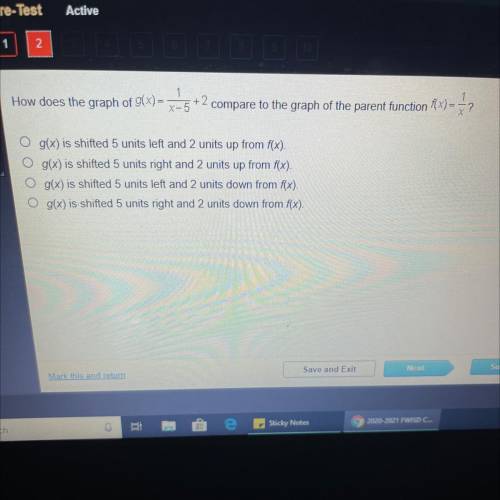 How does the graph g(x)=1/x-5+2 compare to the graph of the parent function f(x)=1/x?