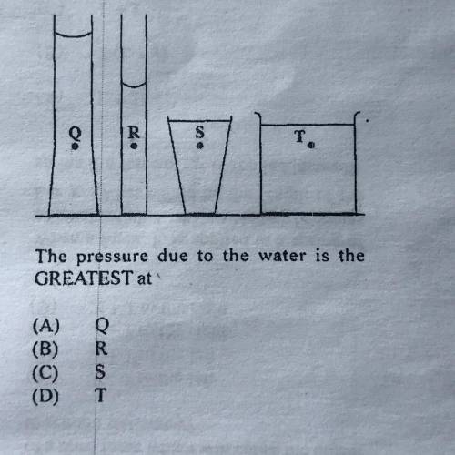 R

S
T.
The pressure due to the water is the
GREATEST at
(A)
(B)
(C)
(D)
Q
R
S
T
