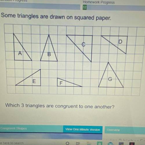 Some triangles are drawn on squared paper. Which 3 triangles are congruent to one another?