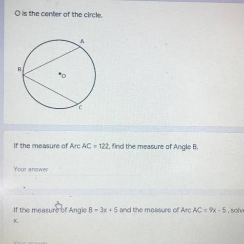 If the measures of Arc=122 find the measure of angle b