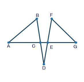 In the figure below, ∠ABC ≅ ∠DEC and ∠GFE ≅ ∠DCE. Point C is the point of intersection between segm