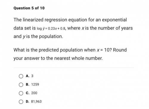The linearized regression equation for an exponential data set is log ŷ = 0.23x + 0.8, where x is t