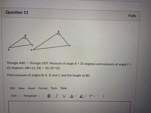 Find measures of angles B, E, D and C and the length of BC