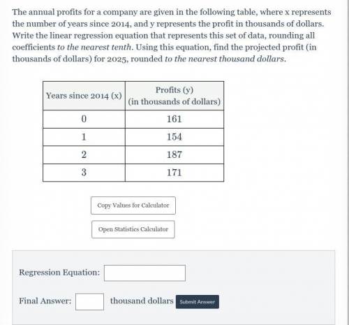 The annual profits for a company are given in the following table, where x represents the number of