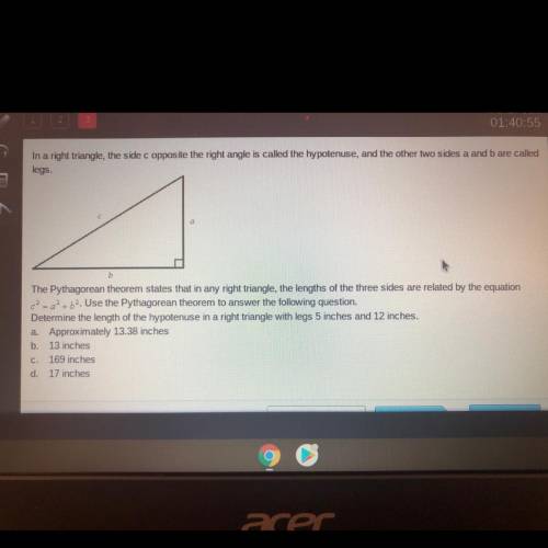 Can you help please!!!

The Pythagorean theorem states that in any right triangle, the lengths of