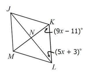 Rhombus JKLM is shown below. Find m∠KLM.

A.36°degree
B.38°degree
C,72°degree
D.76°degree