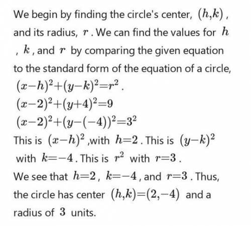 Find the radius of the circle whose equation is (x - 2)2 + (y - 4)2 = 9.