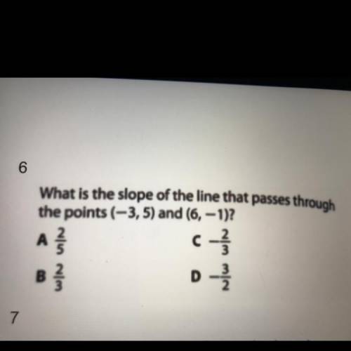 What is the slope of the line that passes through the points (-3,5) and (6,-1)?