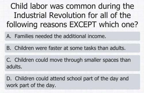 Child labor was common during the Industrial Revolution for all of the following reasons except?