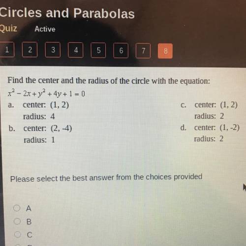 Find the center and the radius of the circle with the equation:
x2 - 2x + y2 + 4y + 1 = 0