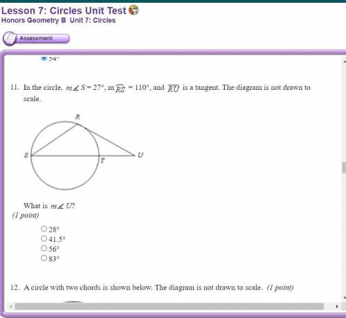 In the circle m angle s=27 degrees, m arc rs=110 and ru is a tangent. what is m angle u
