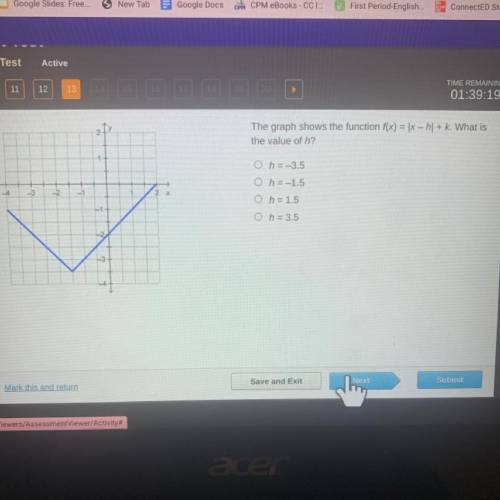 The graph shows the function ff(x)=|x-h| +k what is the value of h 
PLS HELP