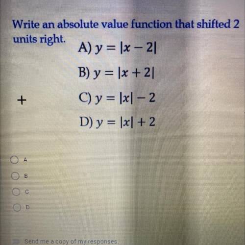 Write an absolute value function that shifted 2
units right.
HELPPPP