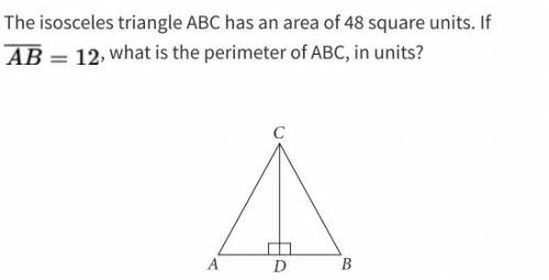 the isosceles triangle ABC has an area of 48 square units if AB=12 what is the perimeter of Abc in