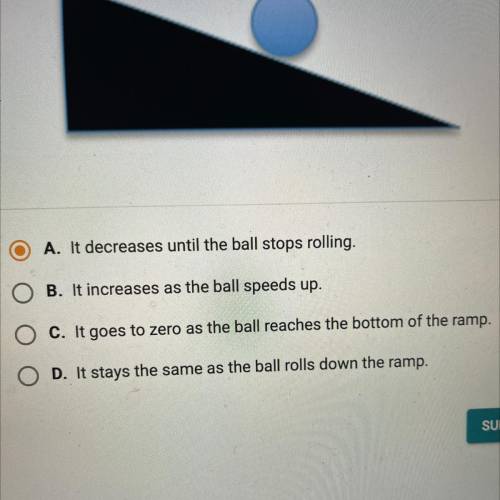 A ball was positioned in the middle of a smooth ramp and allowed to roll

downward. How does the t