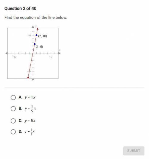 Question 2 of 40

Find the equation of the line below.
0 (2,10)
(1. 5)
”I
O A. y=1x
O B. y: %x
O
