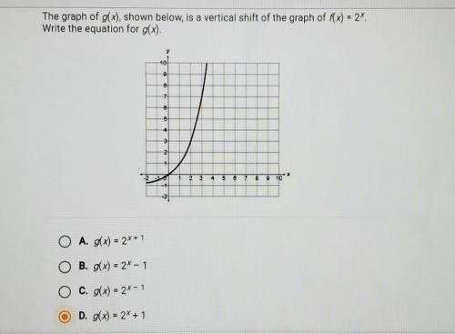 the graph of g(x) ,shown below, is a vertical shift of the graph of f(x) = 2^x. write the equation