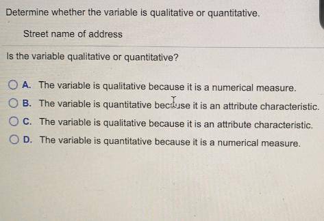 Determine whether the variable is qualitative or quantitative 
street name and adress