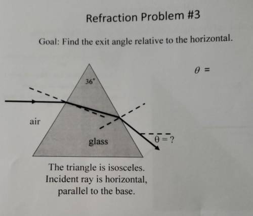 Refraction Problem #3

Goal: Find the exit angle relative to the horizontal.36°glassThe triangle i